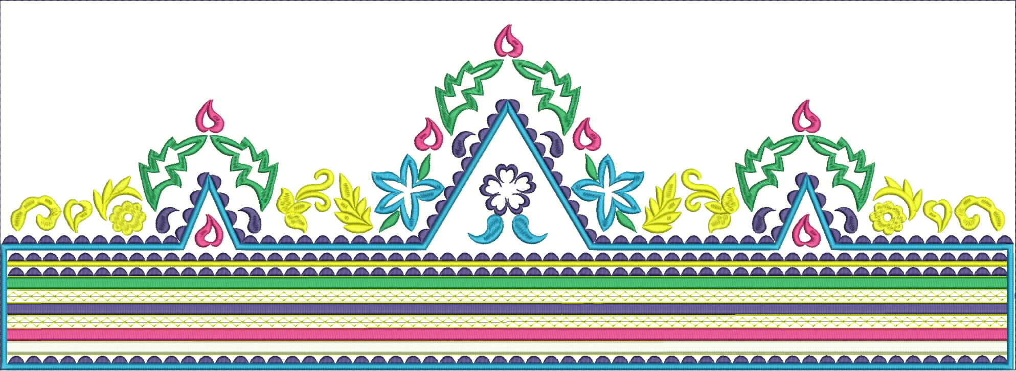 Embroidery design: A colorful embroidered border design with geometric and floral motifs, featuring symmetrical patterns and multiple decor