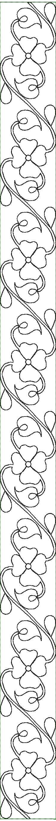 Embroidery design: A symmetrical, repeating vertical border embroidery design featuring swirling vines, leaves, and four-petal flowers in b