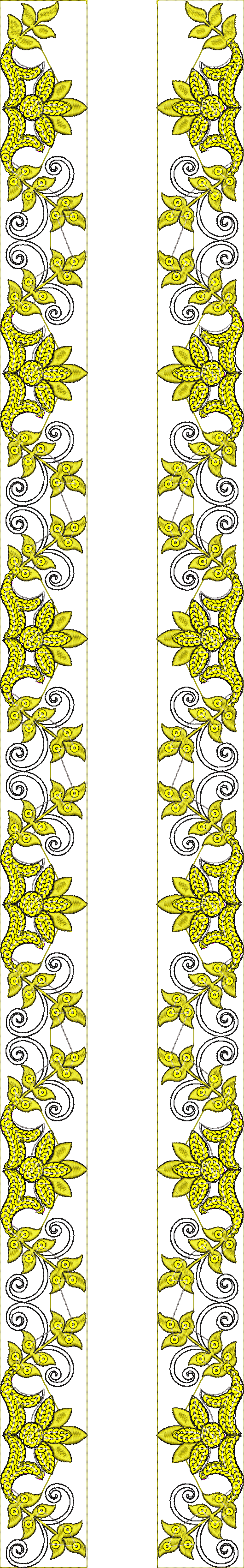 Embroidery design: A symmetrical vertical border design featuring yellow floral and scrollwork motifs with black outlines on a white backgr