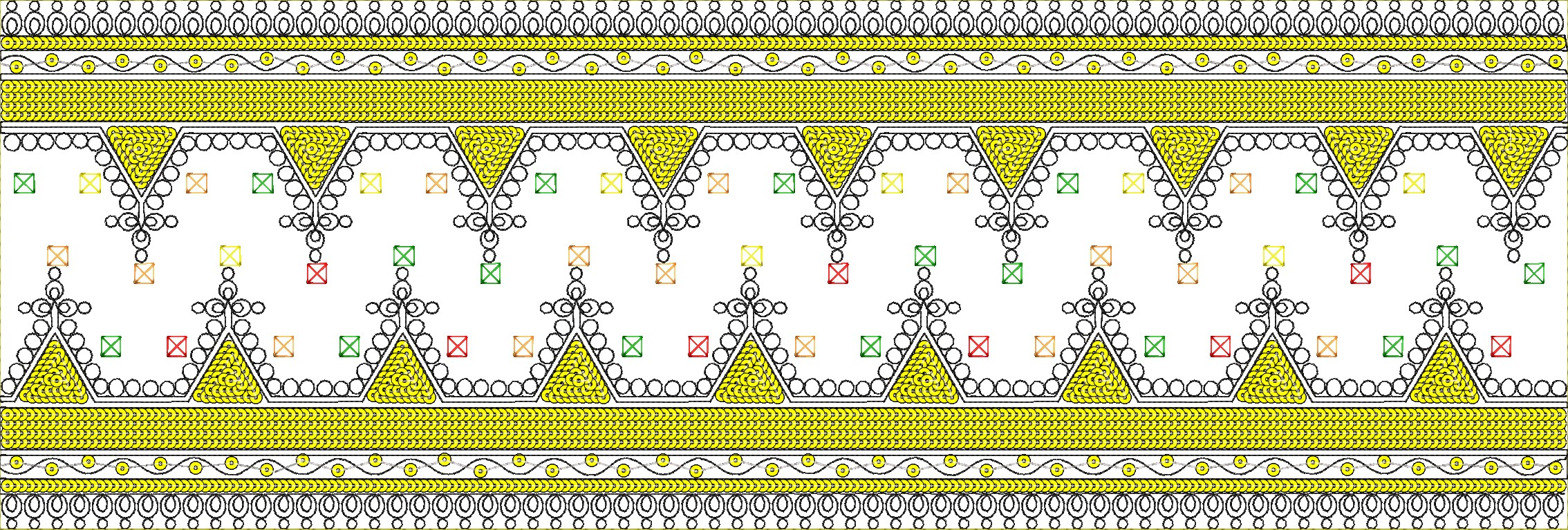 Embroidery design: A decorative horizontal embroidery border with repeating geometric and circular motifs in yellow and black, featuring sm