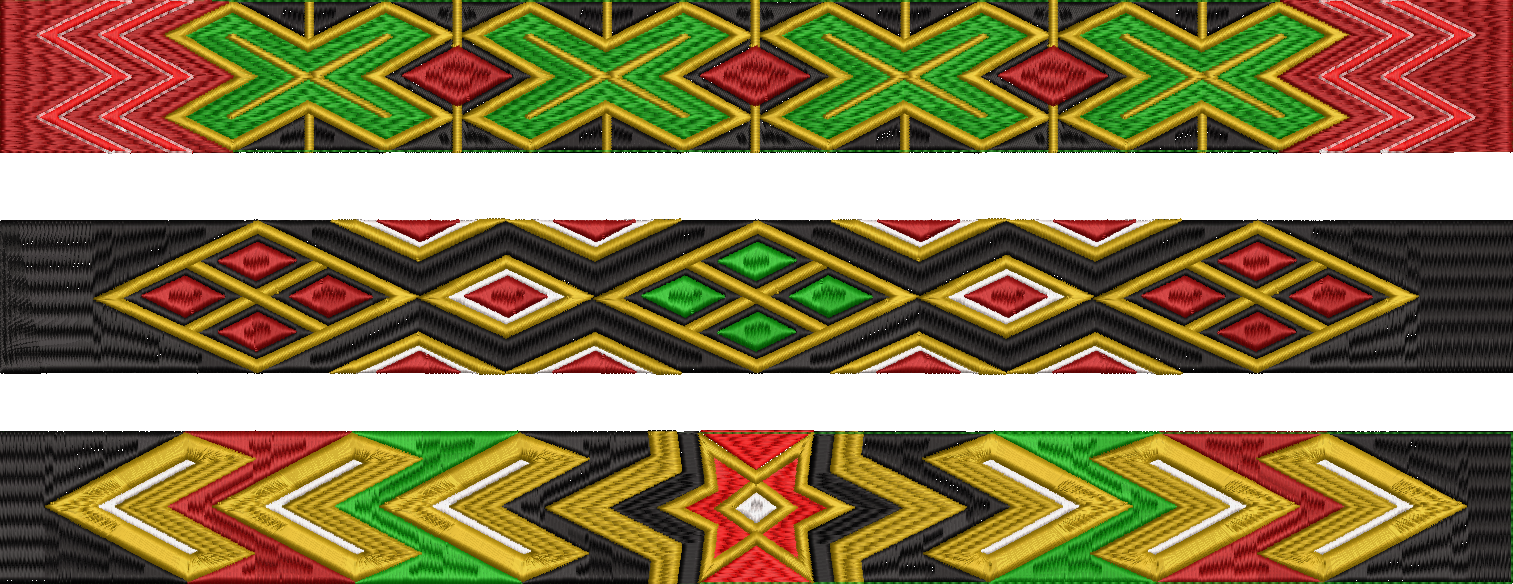 Embroidery design: Three embroidery borders featuring geometric patterns with diamond and chevron motifs in red, green, gold, white, and bl
