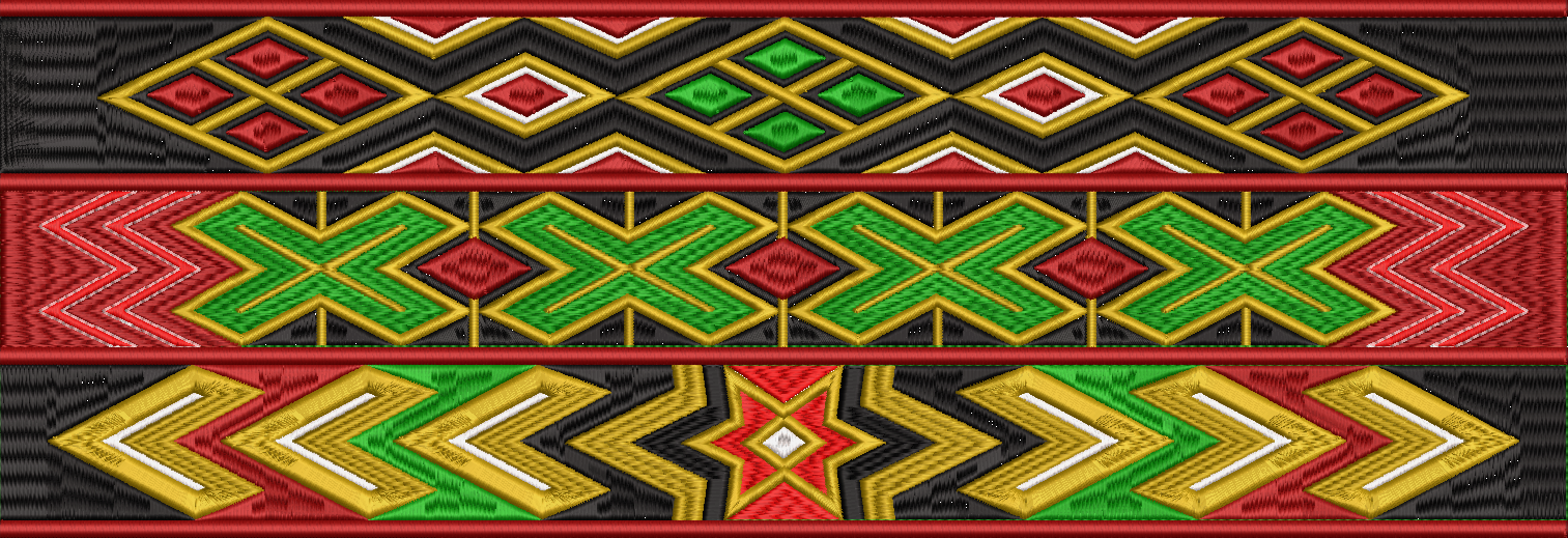 Embroidery design: A decorative embroidered border with repeating geometric and ethnic motifs in red, green, black, gold, and white. The de