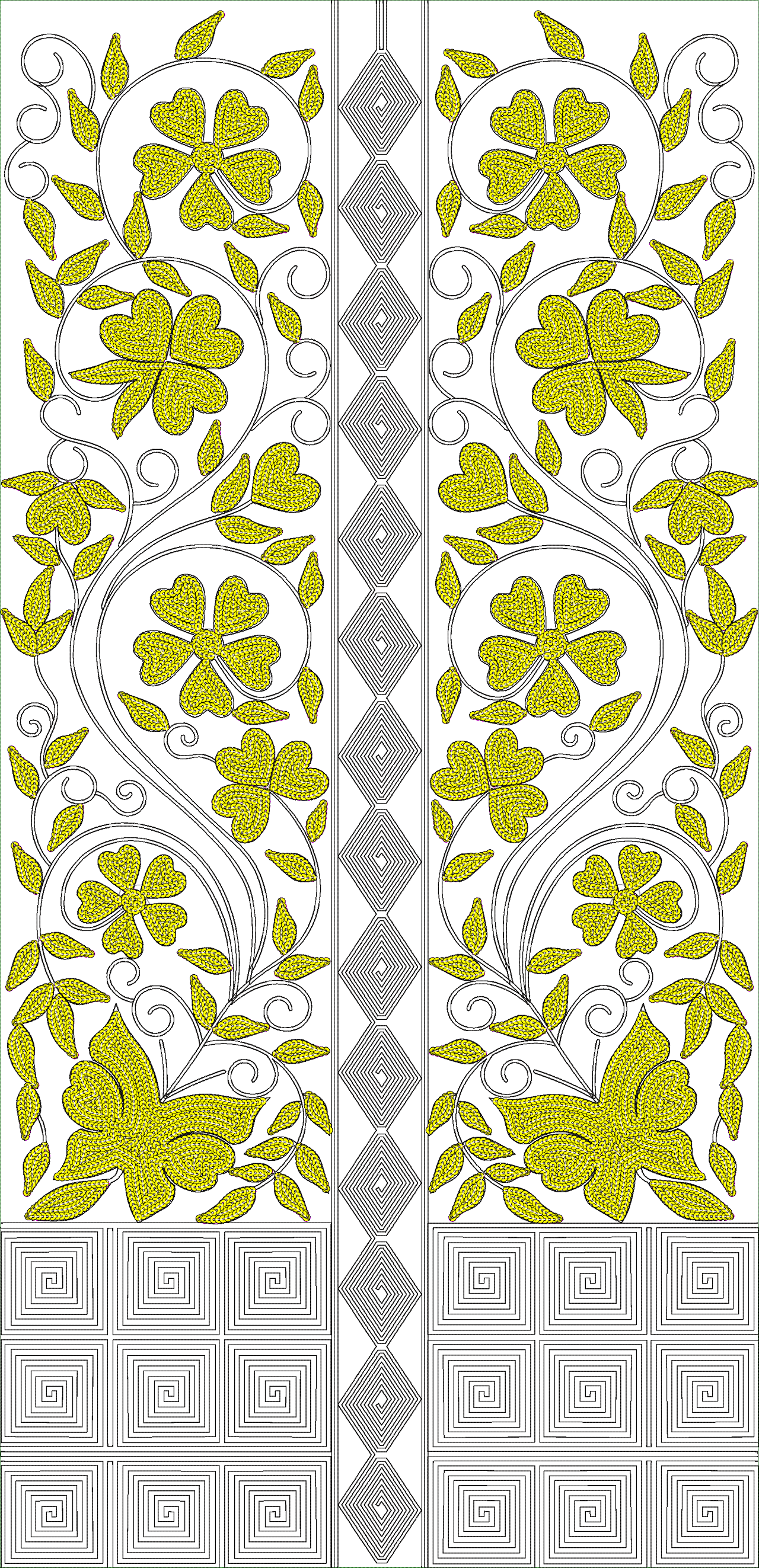 Embroidery design: A symmetrical embroidery design with yellow floral motifs, green leaves, and swirling vines, framed by geometric borders
