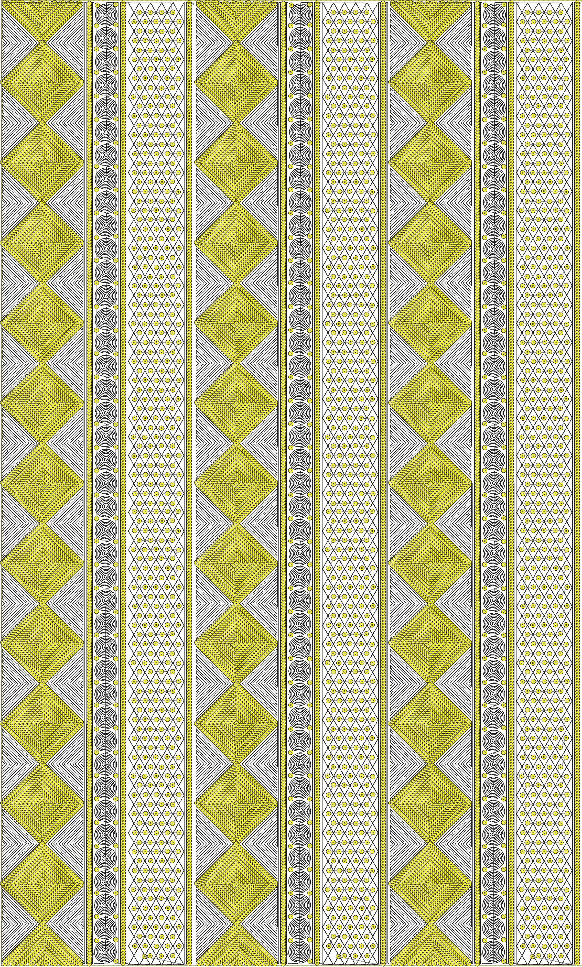 Embroidery design: A decorative embroidery design featuring a repeating pattern of yellow and gray geometric shapes, including diamonds, st