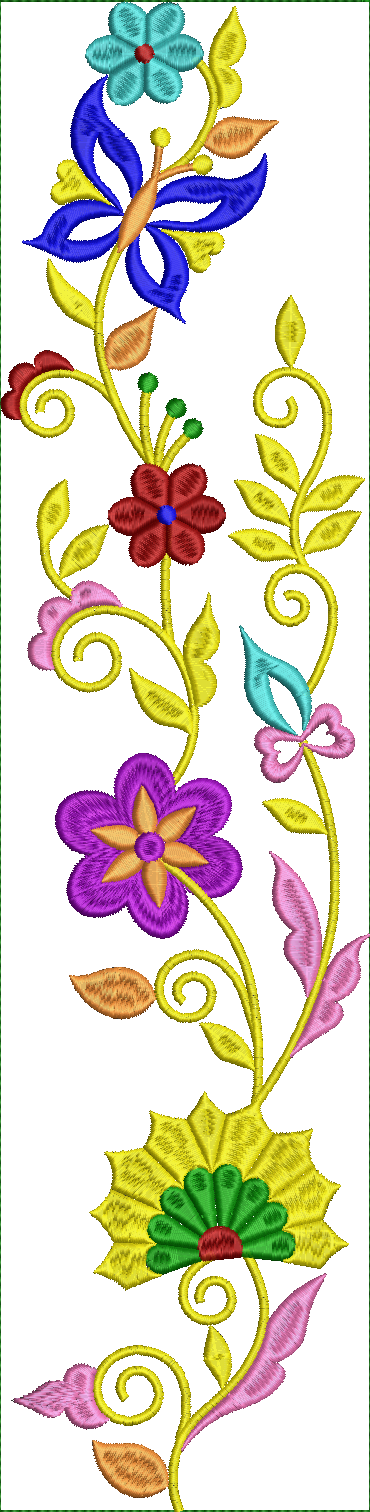 Embroidery design: A vertical embroidery design featuring a collection of colorful flowers, leaves, and a butterfly motif. The design inclu