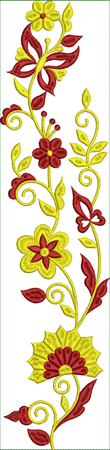 Embroidery design: A vertical embroidery design featuring stylized yellow flowers with red centers, intertwined with red vines, leaves, and