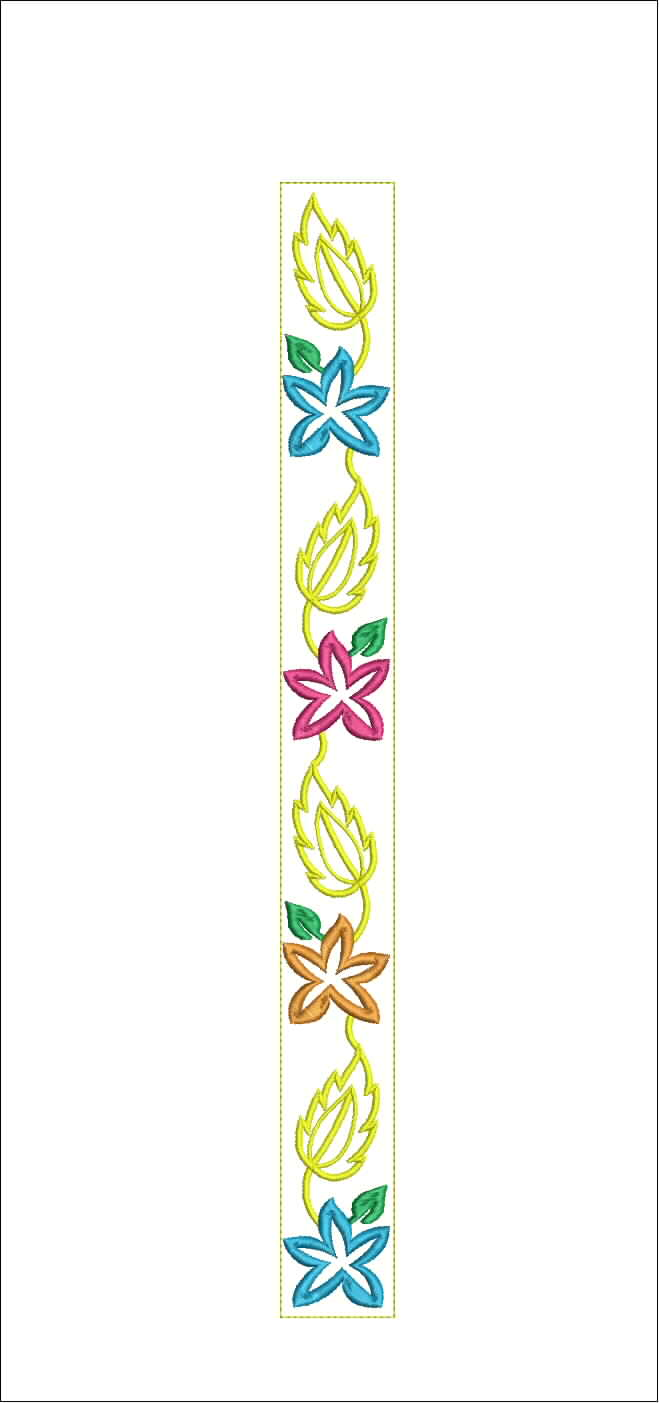 Embroidery design: A vertical embroidery border design featuring a repeating pattern of stylized flowers in blue, pink, and orange, intersp