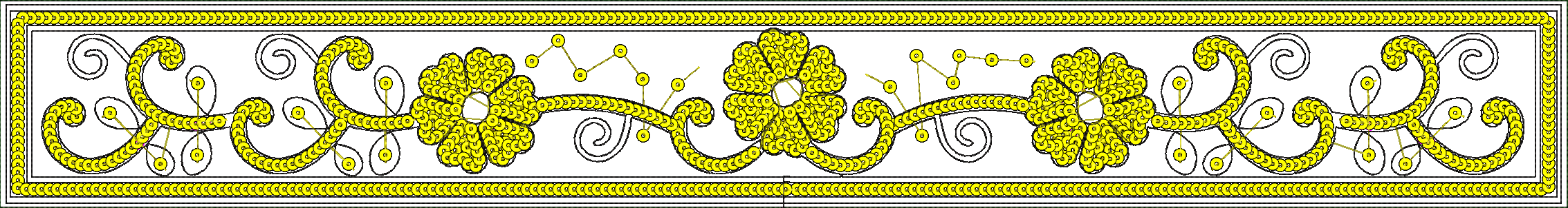 Embroidery design: A symmetrical, repeating ornamental border design featuring stylized yellow flowers and scrollwork with a black outline 