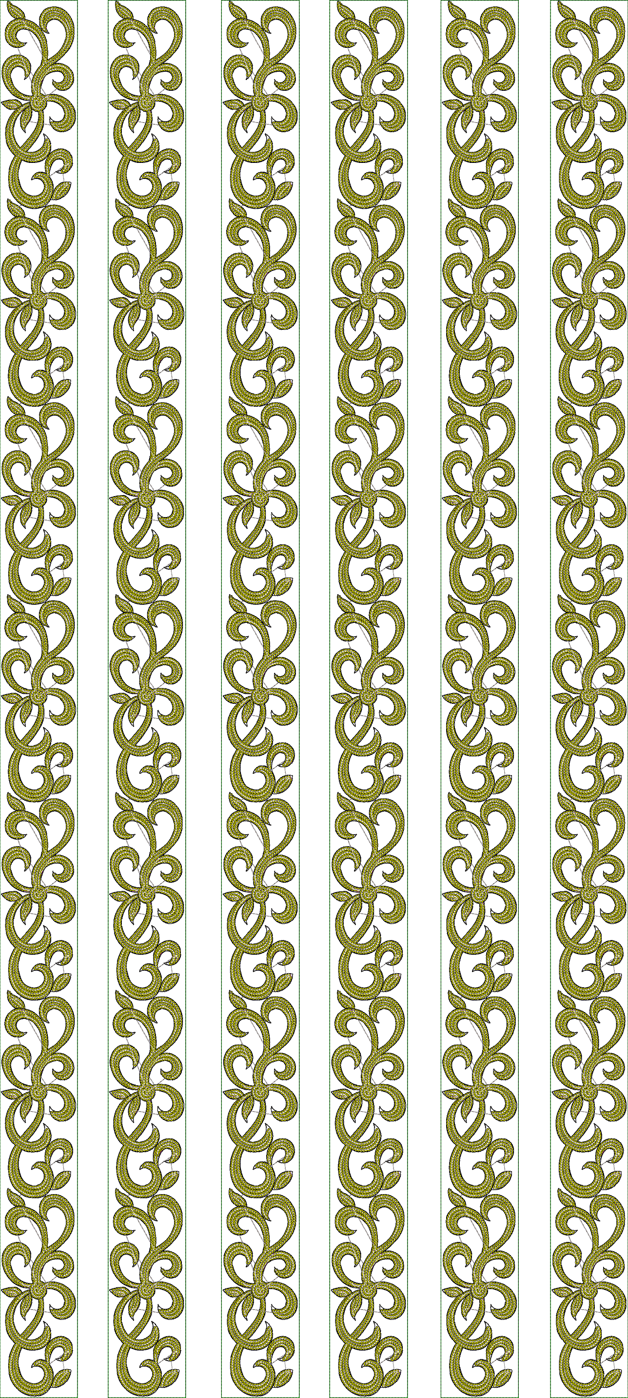 Embroidery design: A seamless repeating vertical border with an intricate yellow-green scrollwork and vine pattern, outlined in black.