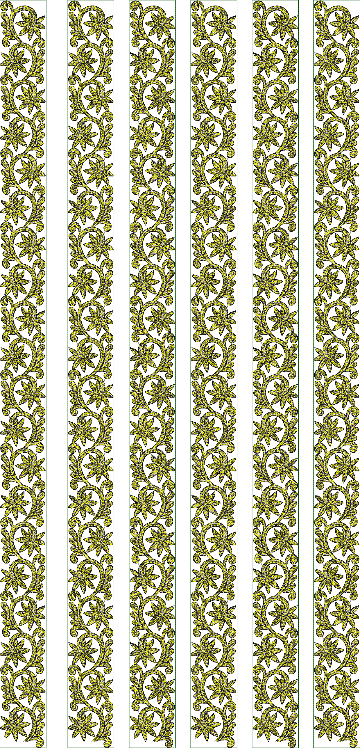 Embroidery design: A decorative gold and green embroidery design featuring a repeating, symmetrical floral and vine pattern, suitable for u