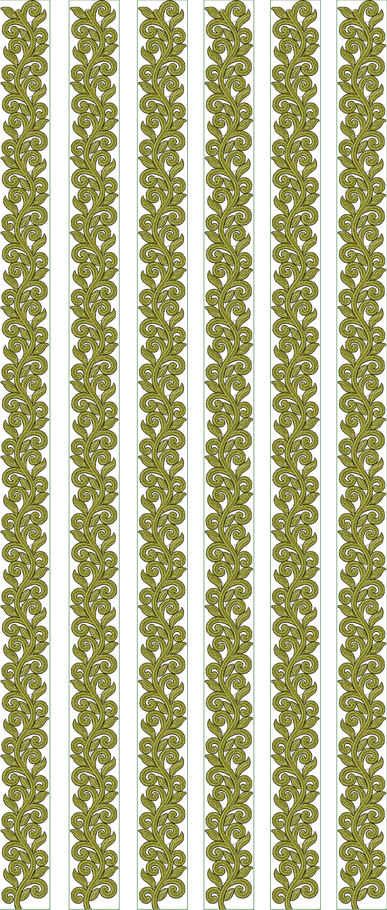 Embroidery design: A repeating vertical border embroidery design with a scrolling yellow-green vine and leaf motif, outlined in black, in a