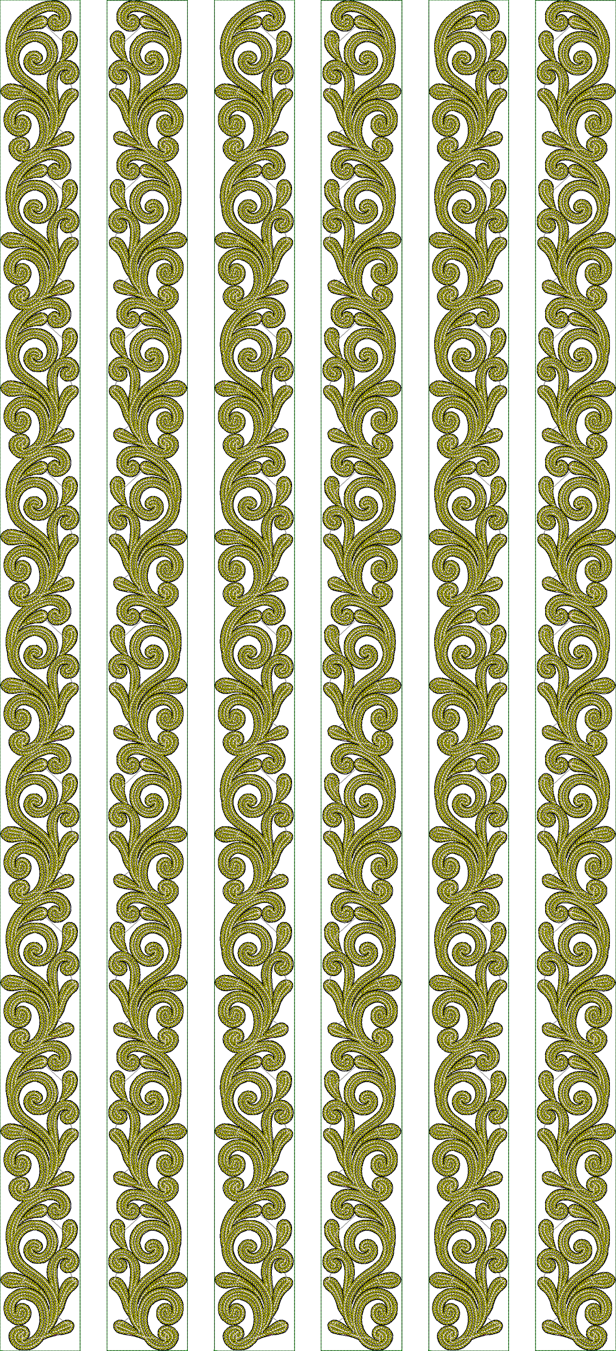 Embroidery design: A repeating vertical border embroidery design featuring ornate golden yellow scrollwork and foliage elements against a w