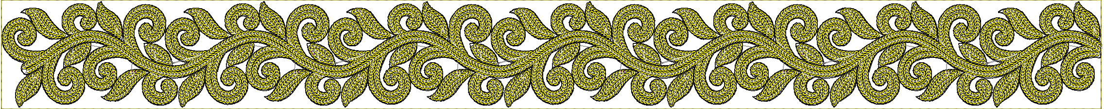 Embroidery design: A repeating horizontal border design with yellow scrollwork and leaf-like shapes outlined in black, featuring a symmetri