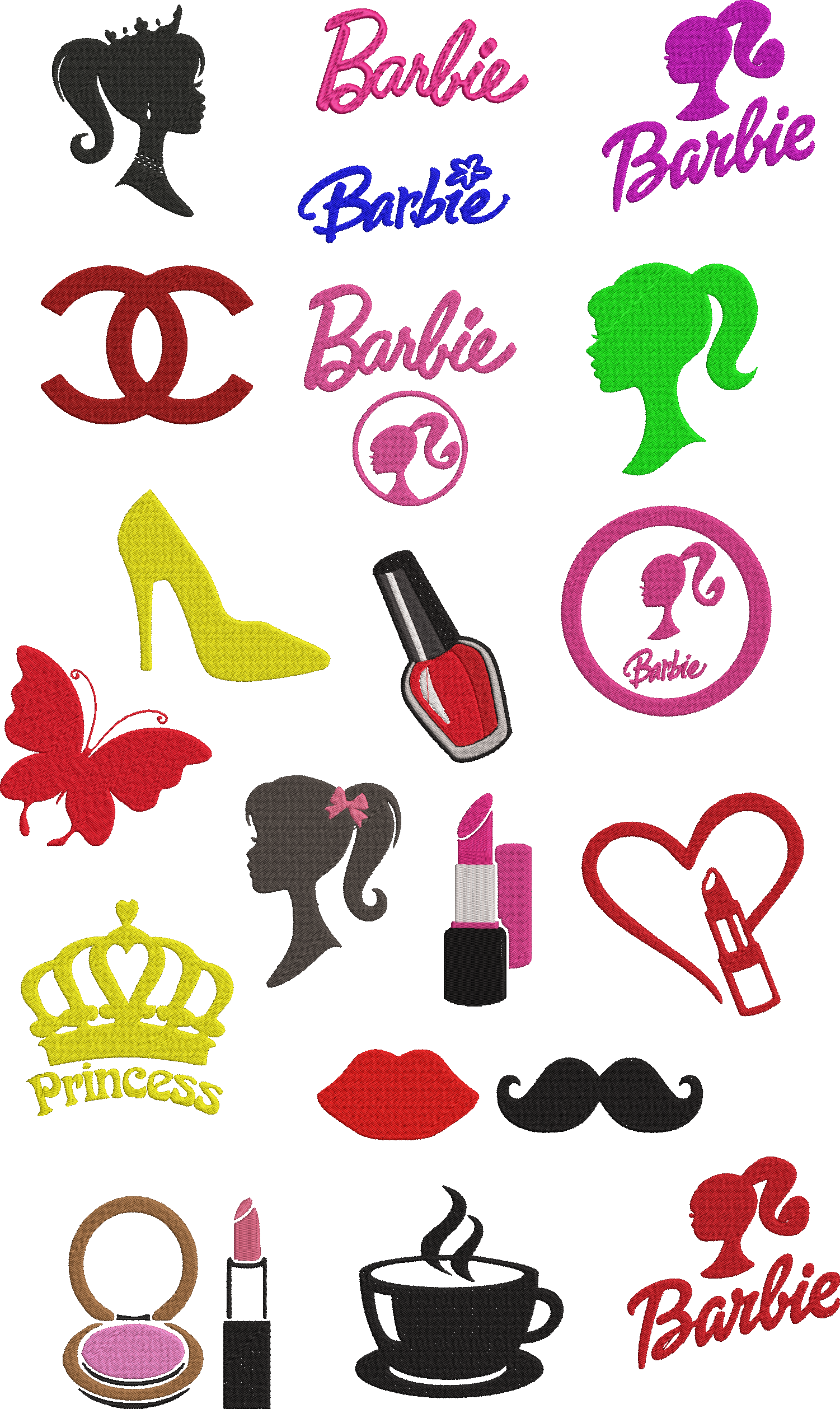 Embroidery design: A collection of embroidery designs featuring Barbie logos, text, and related iconic symbols including a crown, high heel