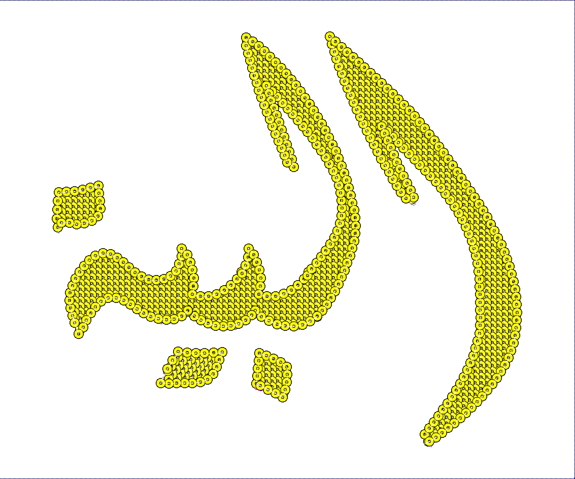 Embroidery design: An embroidery design of Arabic calligraphy in yellow with a black outline, composed of numerous small circular elements.