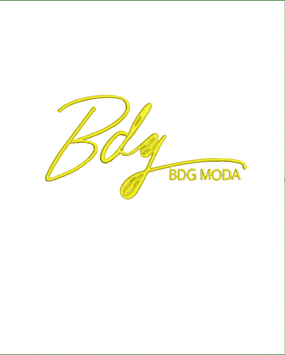 Embroidery design: A yellow embroidered logo featuring the text "Bdy BDG MODA" in a stylized cursive font. The text "BDG MODA" has a denser