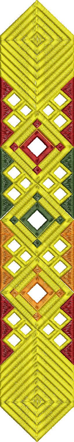 Embroidery design: A long, narrow embroidery design with a symmetrical geometric pattern featuring interlocking diamonds and chevrons in ye