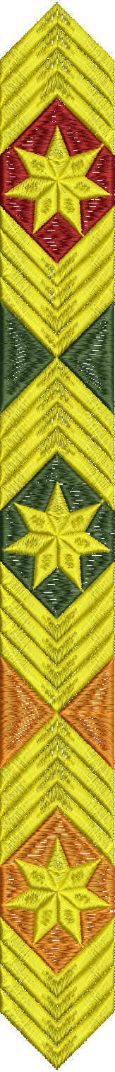 Embroidery design: A decorative embroidery design featuring a central yellow star on a red diamond background, with alternating green and o