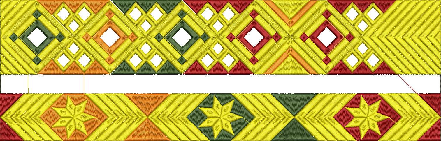 Embroidery design: A decorative embroidery design featuring two horizontal bands with geometric patterns. The top band consists of interloc