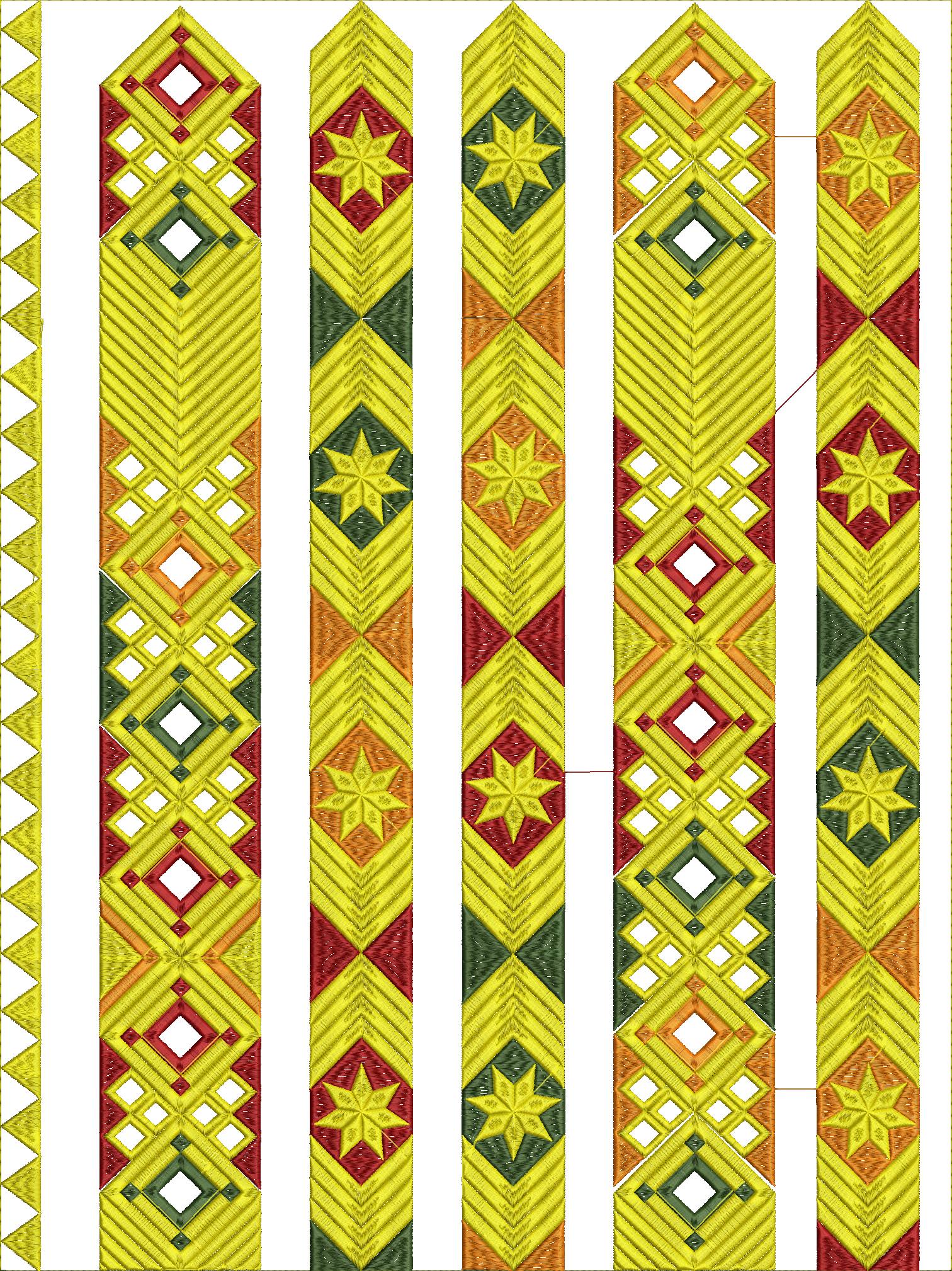 Embroidery design: A collection of vertical embroidery borders with repeating geometric patterns in yellow, red, green, and orange.