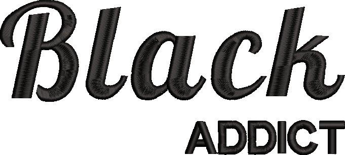 Embroidery design: Embroidery design featuring the words 'Black ADDICT' in black text. 'Black' is in a script font, and 'ADDICT' is in a bl