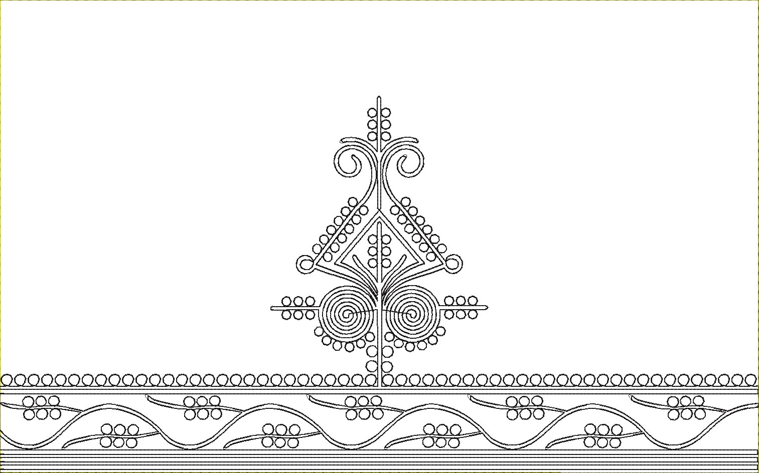 Embroidery design: An embroidery design with black and white linework, featuring a central ornamental motif and a decorative border compose