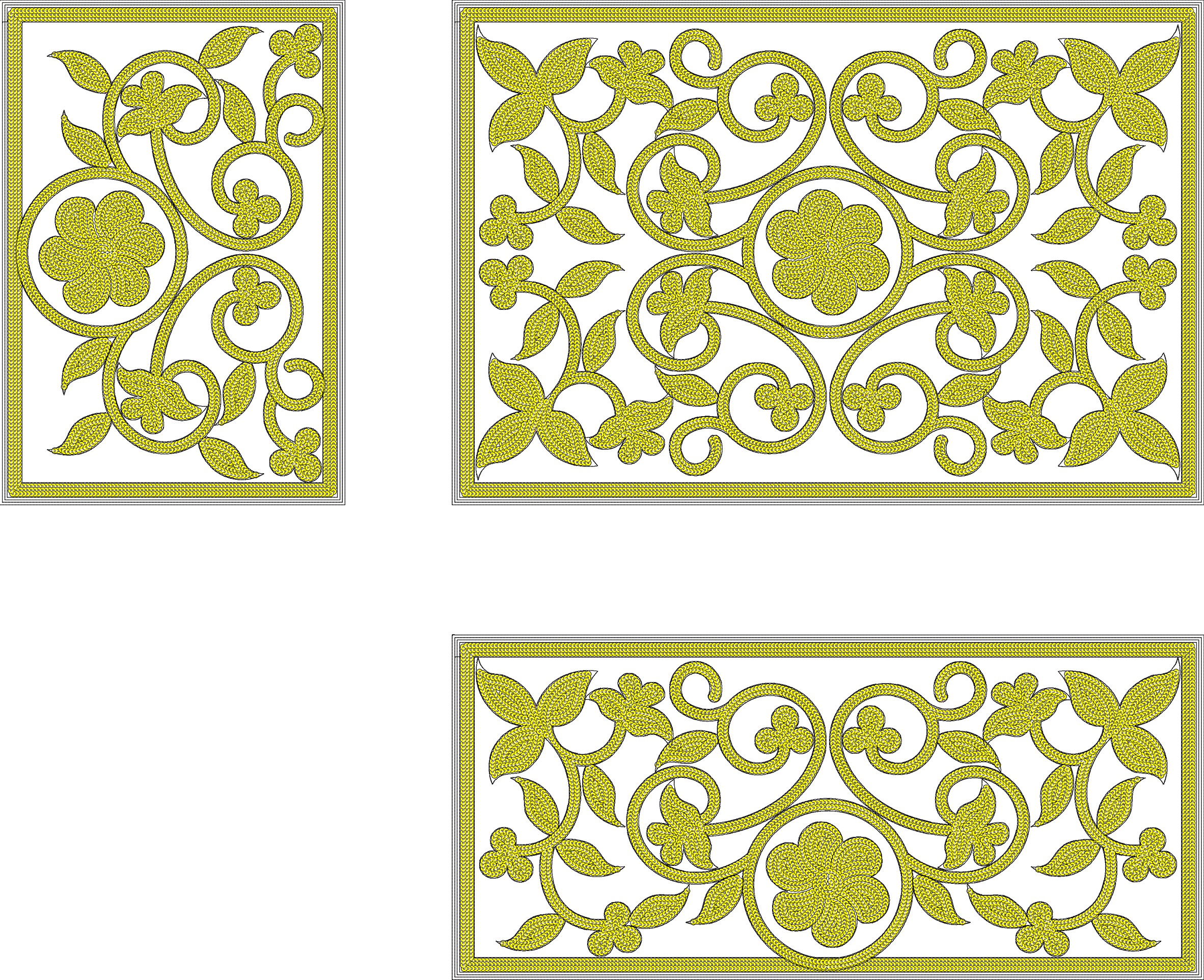 Embroidery design: Three panels of yellow ornamental floral and vine embroidery designs with borders on a white background.