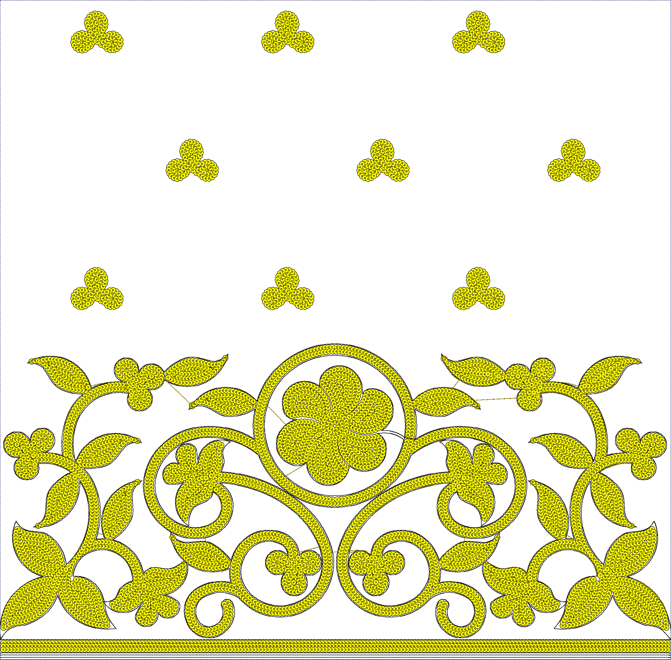 Embroidery design: A symmetrical yellow embroidery design featuring a decorative border with floral, scrollwork, vine, and leaf motifs, wit