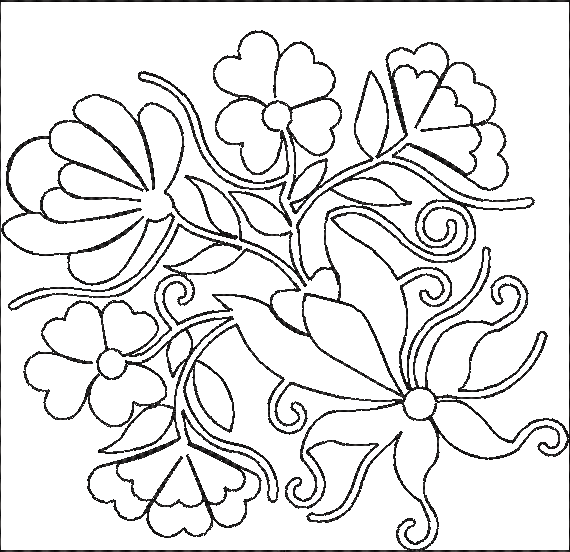 Embroidery design: An embroidery design featuring a cluster of assorted flowers, leaves, and swirling vines in a decorative ornamental styl