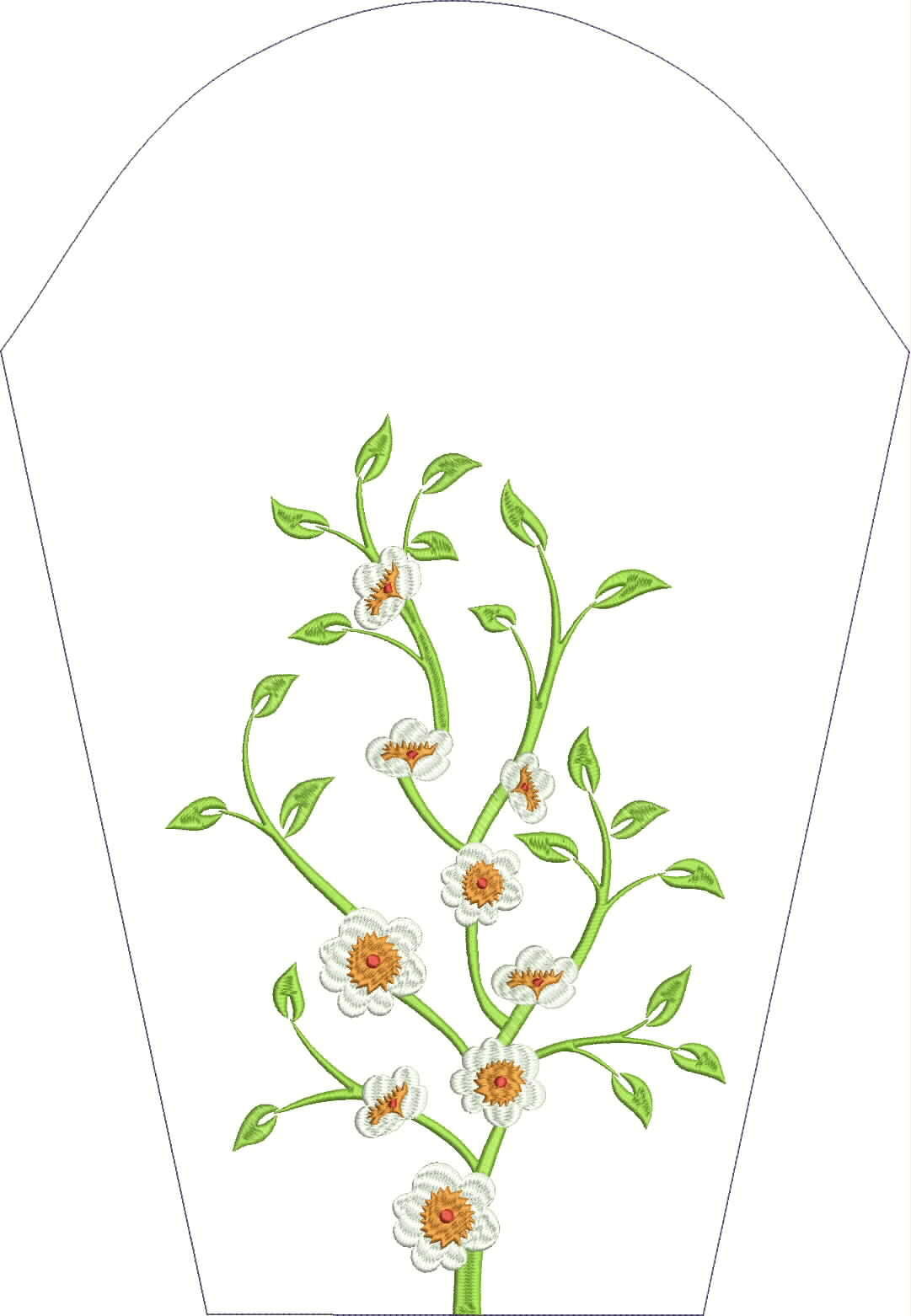 Embroidery design: An embroidery design of a light green vine with white flowers and orange centers, and green leaves, on a white backgroun