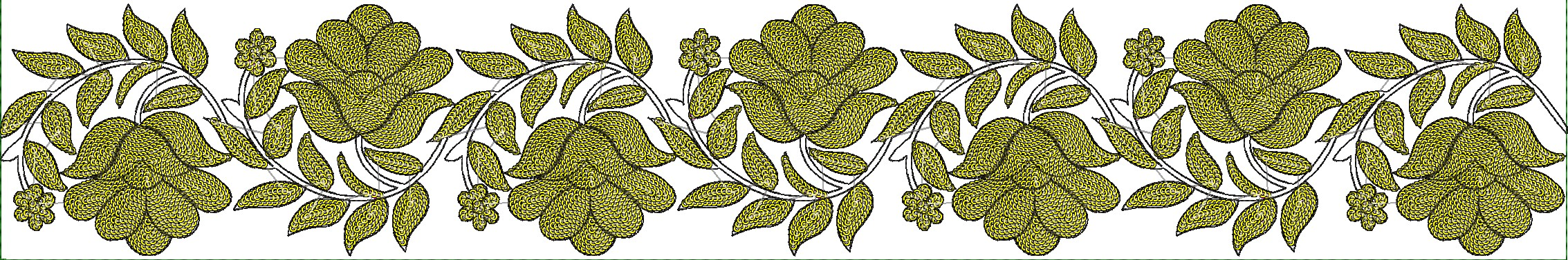 Embroidery design: A repeating horizontal border embroidery design featuring stylized yellow flowers and leaves with black outlines and whi