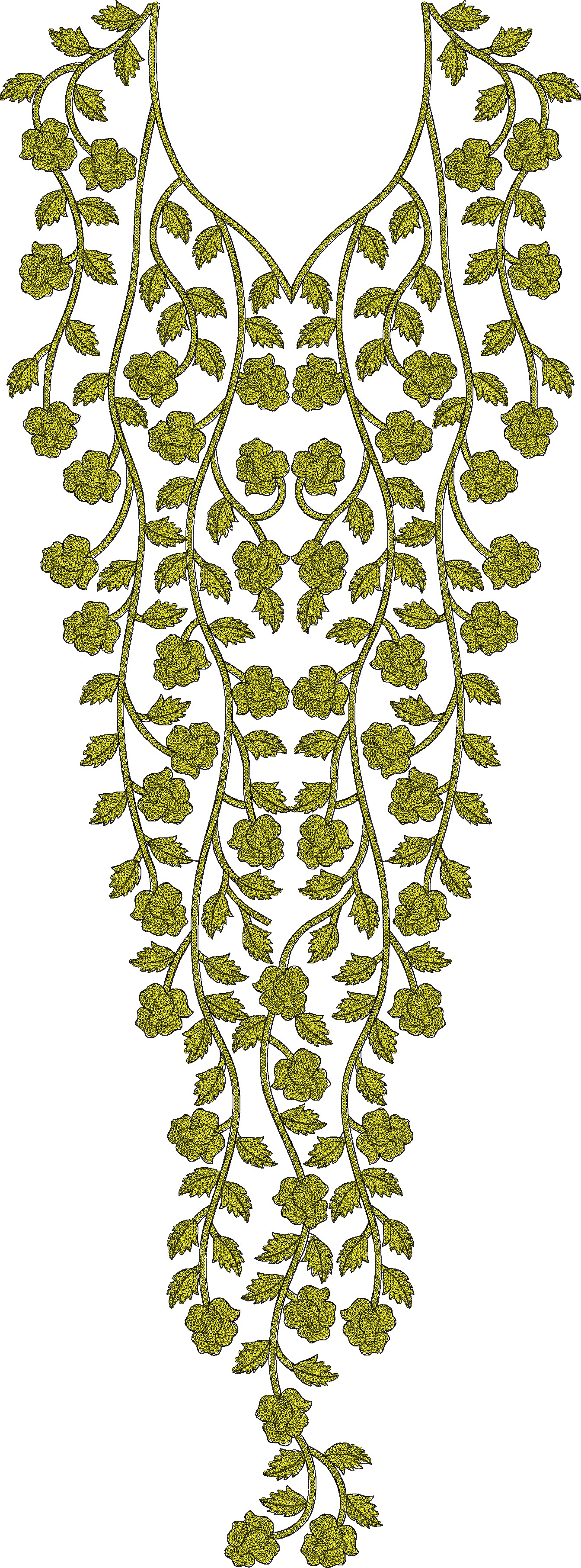 Embroidery design: A symmetrical embroidery design featuring yellow and gold stylized flowers and foliage arranged in a vine-like pattern, 