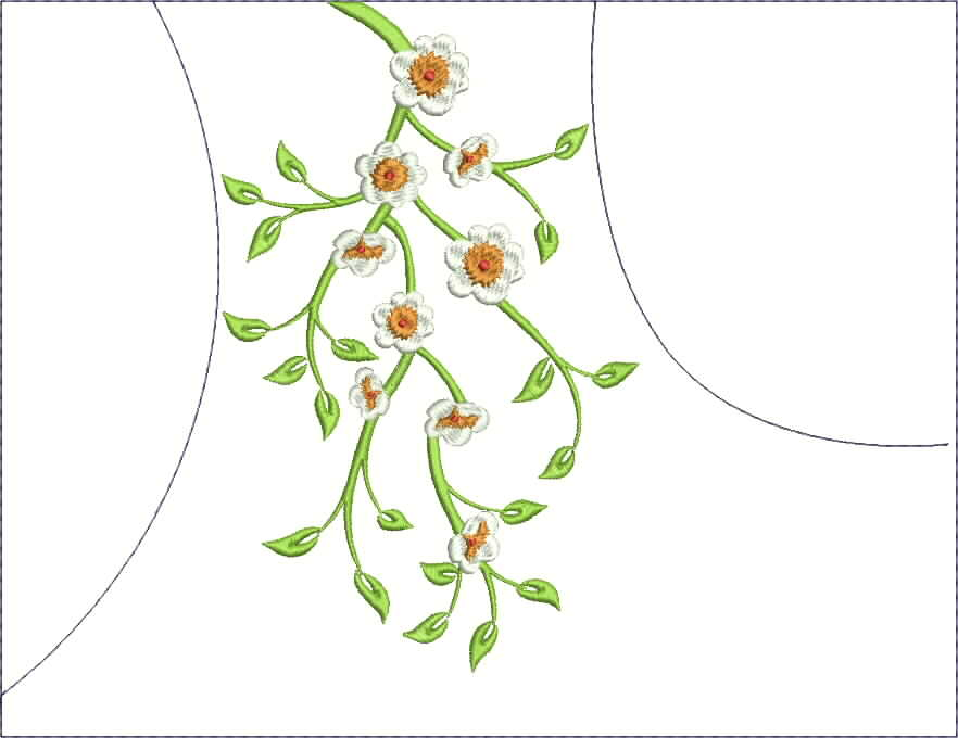 Embroidery design: An asymmetrical embroidery design of a thin green vine with small white blossoms and green leaves. The flowers have oran