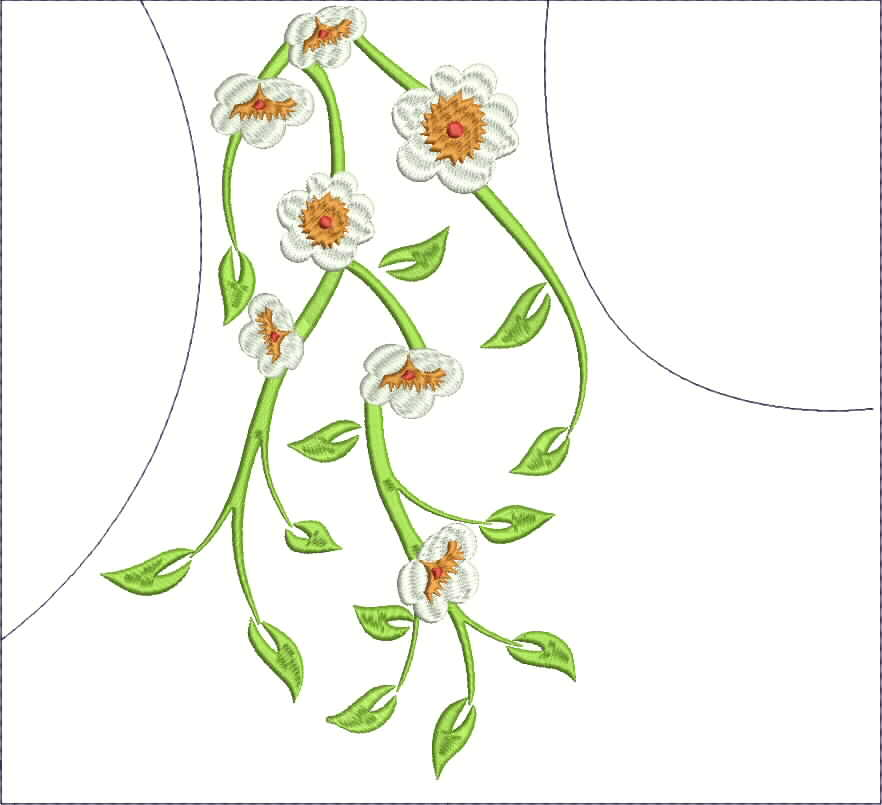 Embroidery design: An embroidery design of white flowers with orange centers and green leaves and stems, arranged in a vine-like, ornamenta