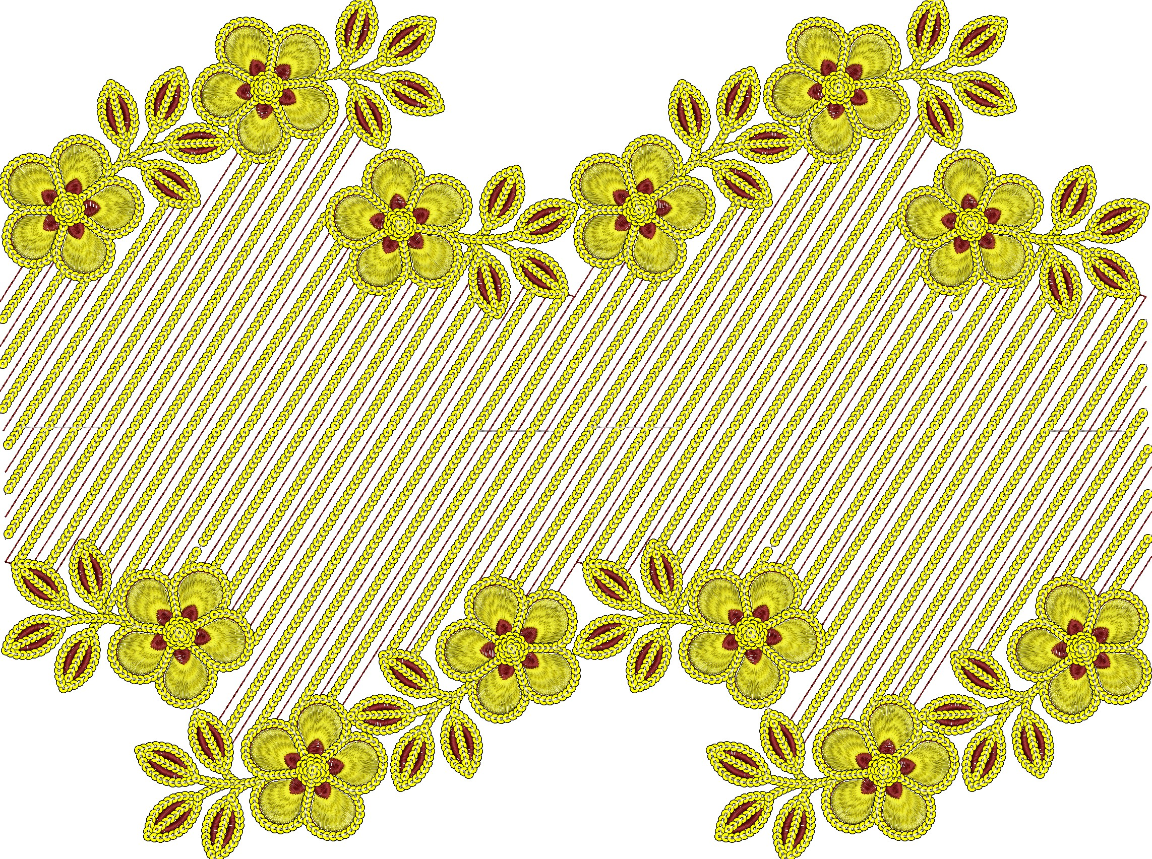 Embroidery design: An ornamental embroidery design featuring yellow flowers with maroon centers and leaves, arranged amidst a background of