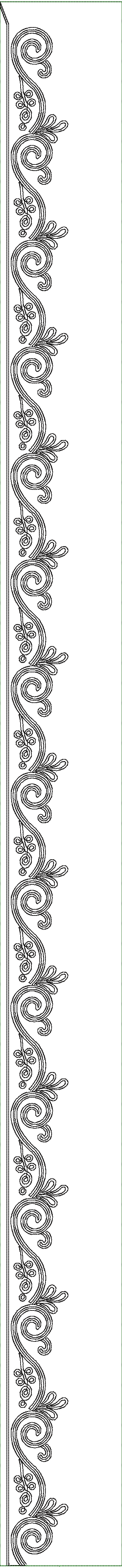 Embroidery design: A repeating, symmetrical vertical border embroidery design with black and white scrollwork, vine, and leaf elements in a