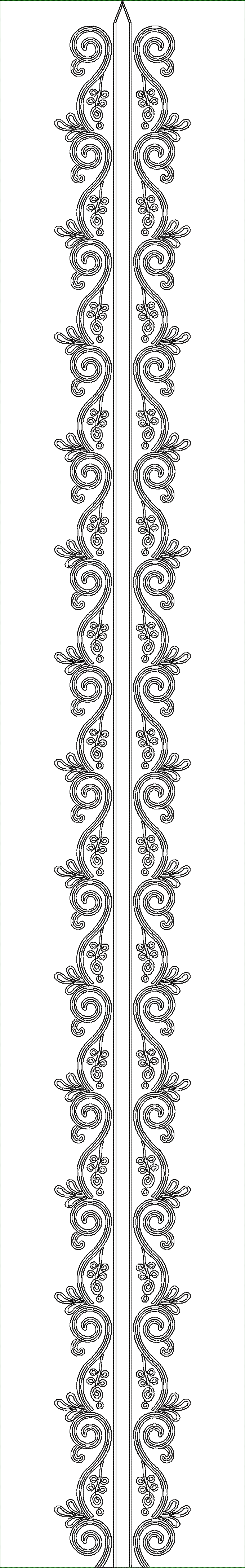 Embroidery design: A symmetrical vertical border embroidery design featuring intricate scrollwork and floral/leaf motifs in black and white