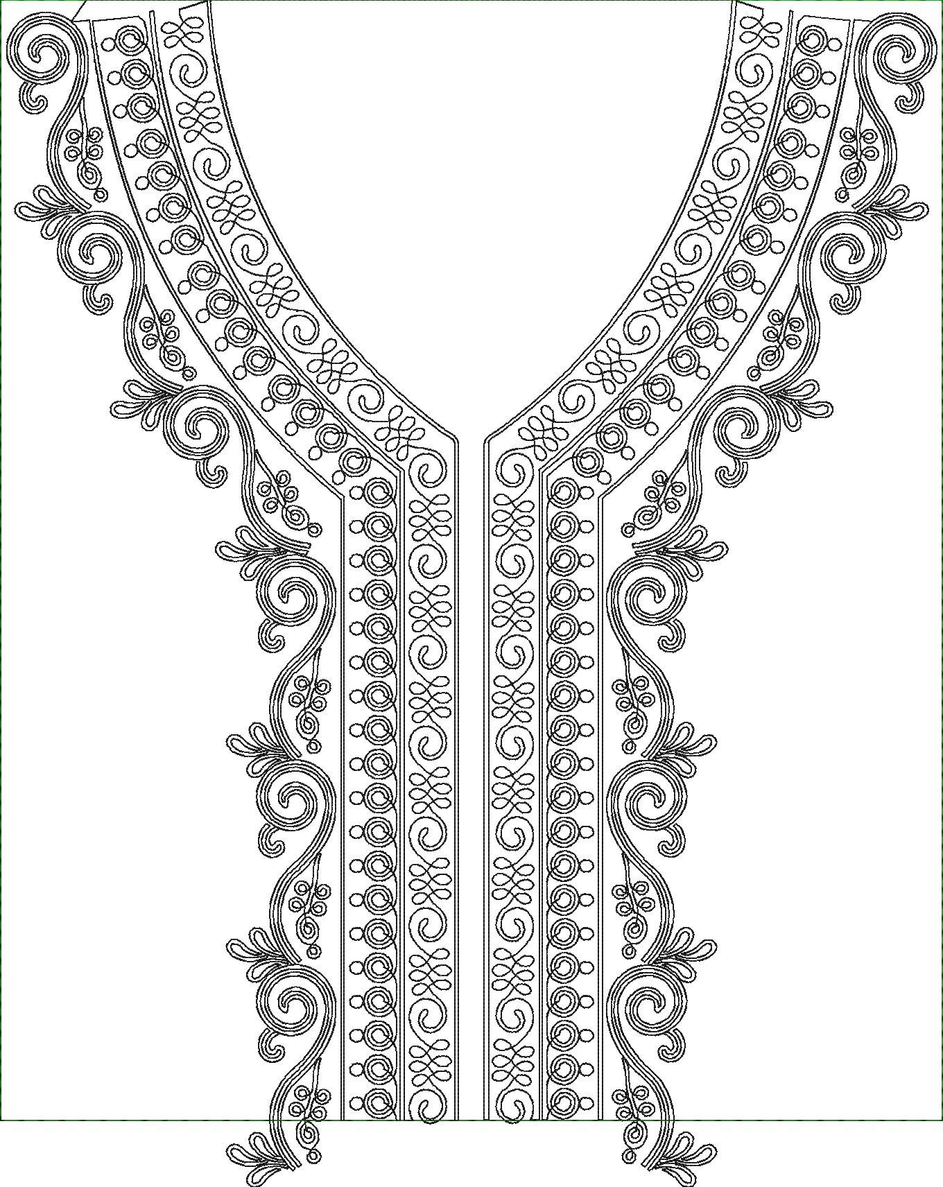Embroidery design: A symmetrical black and white embroidery design for a neckline, featuring intricate ornamental scrollwork and leaf-like 