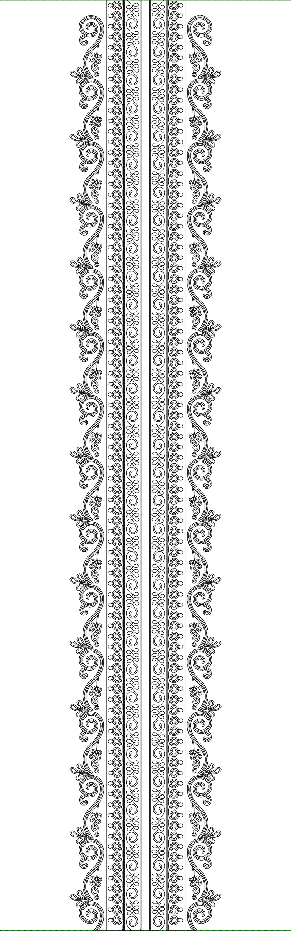 Embroidery design: A symmetrical, repeating vertical border embroidery design featuring black scrollwork, geometric elements, and stylized 