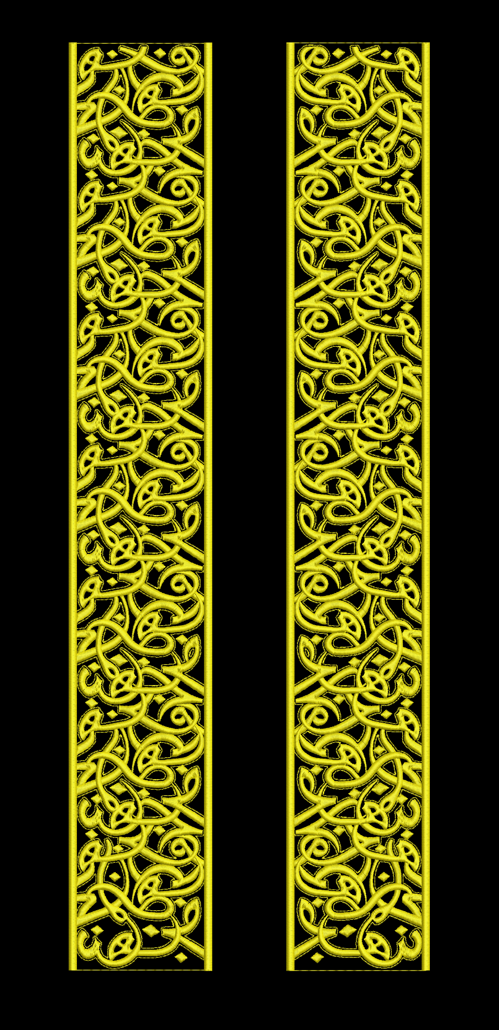 Embroidery design: A decorative vertical border embroidery design featuring intricate yellow arabesque and scrollwork patterns on a black b