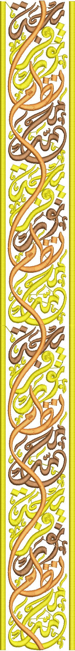 Embroidery design: A vertical embroidery design featuring intricate Arabic-style calligraphy in yellow, orange, and brown, with a decorativ