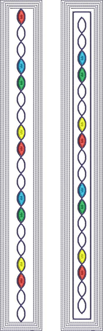 Embroidery design: Two vertical embroidery panels with a central column of alternating colored oval shapes (red, teal, green, yellow) conta