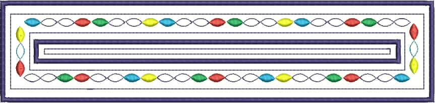 Embroidery design: A long, rectangular embroidery design with a decorative border. The border features multiple purple frames, and a repeat