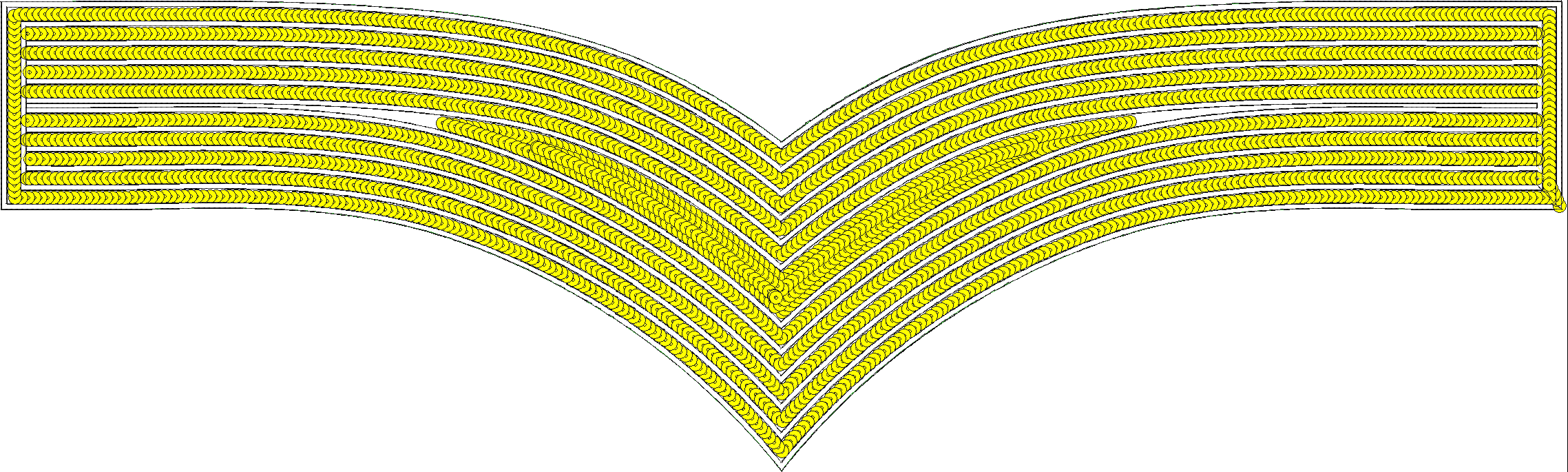 Embroidery design: A symmetrical embroidery design featuring curved bands filled with yellow circular motifs, outlined in black with white 