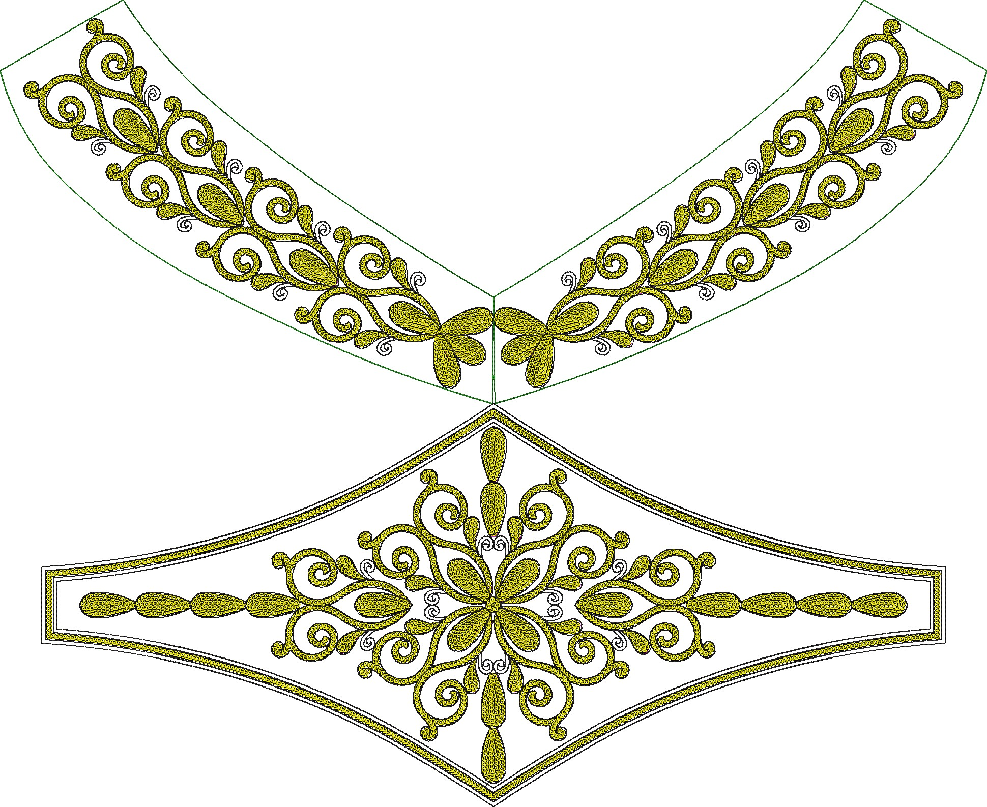 Embroidery design: Two symmetrical embroidery designs in gold and black with green accents. The top is a curved neckline border with scroll