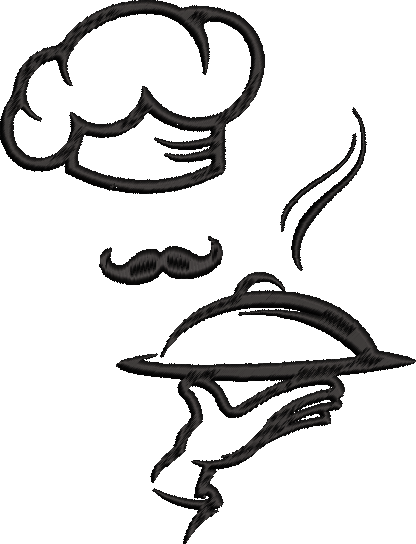 Embroidery design: A black embroidery design depicting a chef's hat, a mustache, a hand serving a covered dish, and steam.