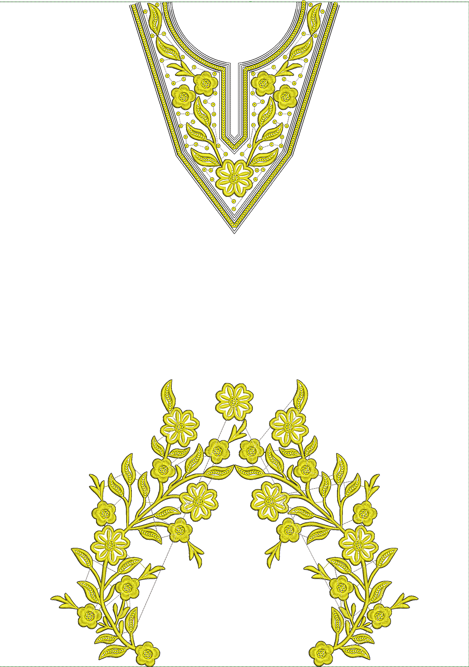 Embroidery design: An embroidery design featuring yellow floral and leaf motifs arranged in a symmetrical V-shape suitable for a neckline o