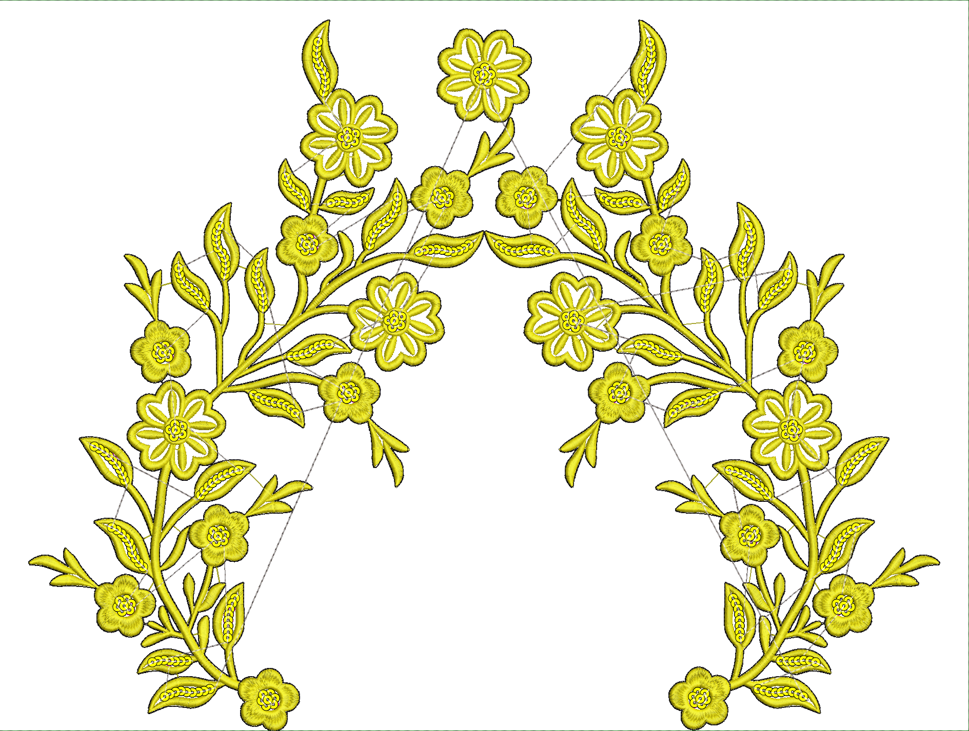 Embroidery design: A symmetrical, ornamental embroidery design featuring yellow flowers and leaves forming a vine motif suitable for a corn