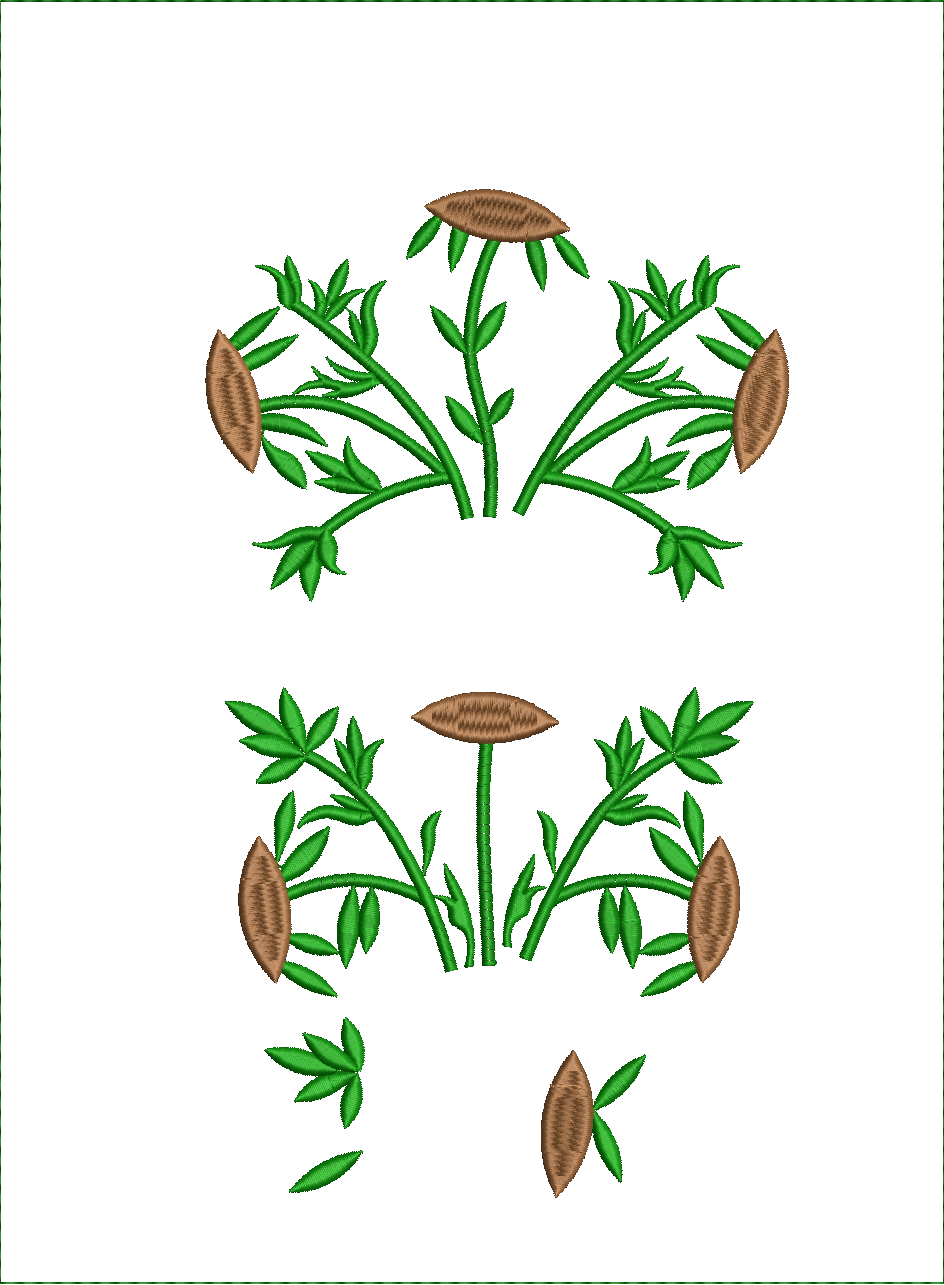 Embroidery design: A symmetrical botanical embroidery design with green foliage and brown oval motifs.