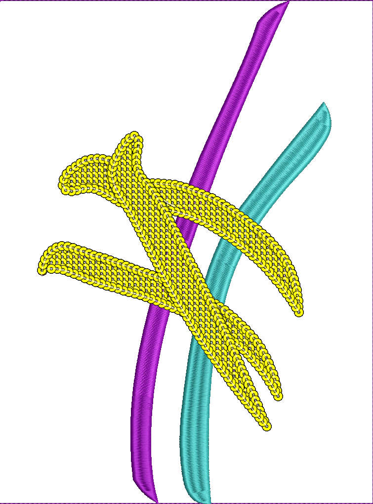 Embroidery design: An abstract embroidery design featuring a yellow, textured symbol overlapping with smooth purple and teal bands.